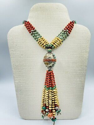 Tibetan Design Beautiful Old Necklace With Natural Turquoise Coral & Seashell 2
