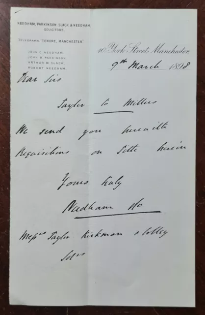1898 Needham, Parkinson, Slack & Needham, Solicitors, York St, Manchester Letter