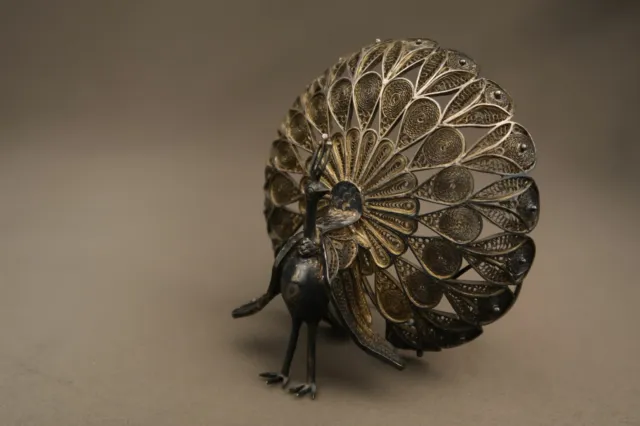 Antique Mexican Silver Filigree Peacock Figure Statue Animal