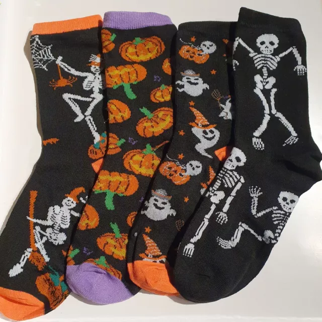 4 Pairs of Womens Halloween Goth Horror Socks - Pumpkin Ghost Skeleton Witch