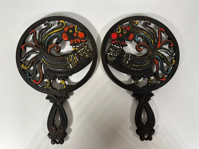 VTG 1940's Rooster 7” Solid Cast Iron Trivet Set Of 2 L.H. Bird & R.H. Bird MCM