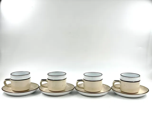 VINTAGE SET 4 DENBY ENGLAND MADRIGAL COFFEE- TEA CUPS & SAUCERS CREAM BROWN mugs