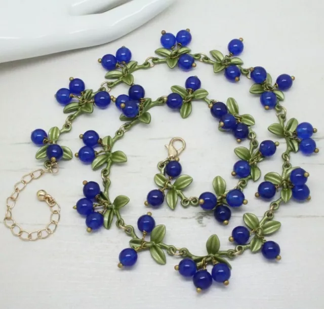 Vintage Style Art Deco Cobalt Blue Glass Bead Berries Enamel NECKLACE Jewellery