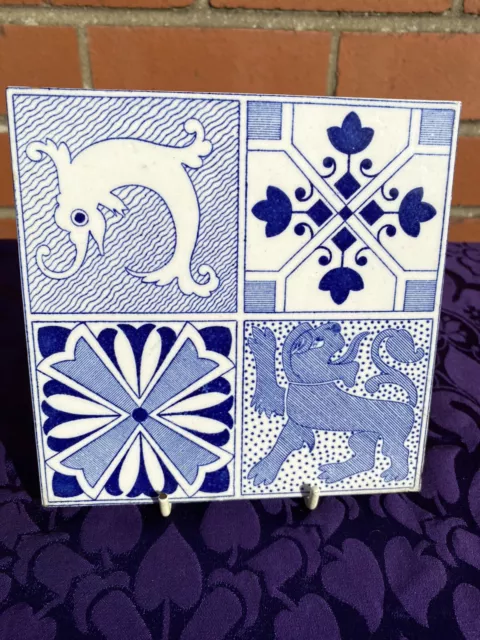Lovely Stylish Antique Quartered Arts & Crafts Tile Featuring Seahorse, Lion (4)