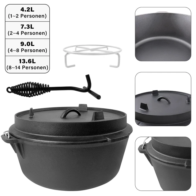 Dutch Oven Zubehör Set Feuertopf Gusseisen Topf BBQ Schmortopf inkl. Deckelheber