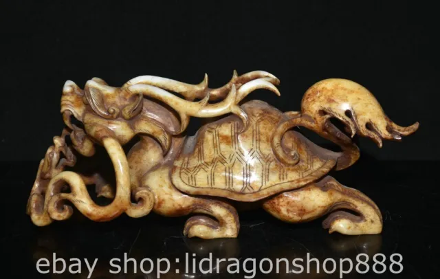 8" Old Chinese Hetian Jade Carving Dynasty Palace Dragon Turtle Beast Statue