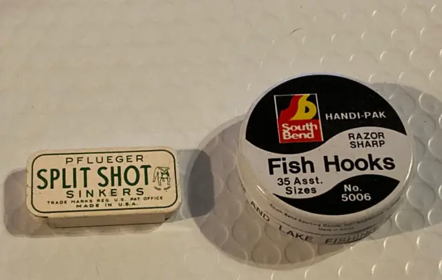 2 METAL VINTAGE FISHING TINS - Pflueger Split Shot Sinkers AND South Bend  Hooks $14.50 - PicClick
