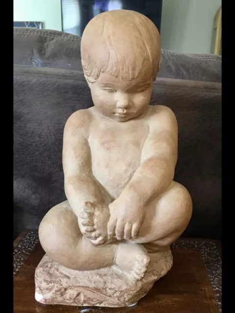 RARE Large VTG 1967 Signed MPI Terracotta BBW Museum Baby Boy Sculpture 18x10”