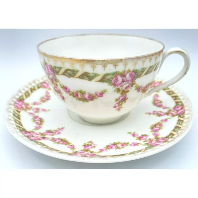 Vintage MZ Moritz Zdekauer Austria Bone China Floral Roses Gold Tea Cup & Saucer