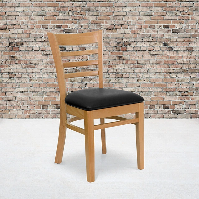 Hercules Series Ladder Back Natural Wood Restaurant Chair - Black Vinyl Seat