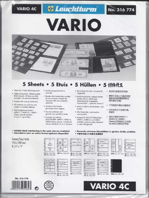 VARIO Stock Sheets 4C 1-Sided 4 Horiz. Pocket Clear Pkg 5 FREE US SHIPPING w/$50