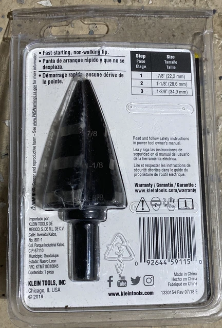 BRAND NEW!!! Klein Tools KTSB15 7/8", 1-1/8" for 1-3/8" Step Drill Bit #15 2
