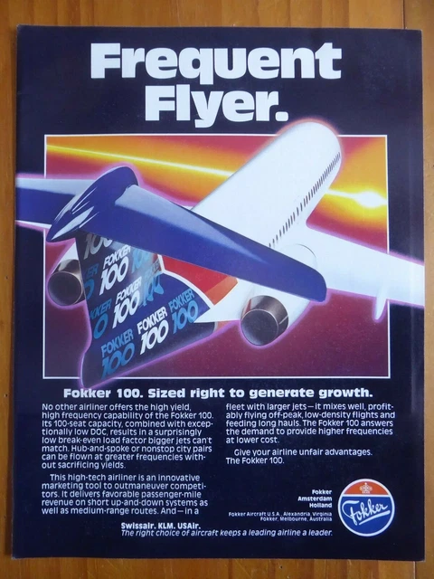 9/1986 Pub Fokker Aircraft Fokker 100 Usair Klm Swissair Airlines Original Ad
