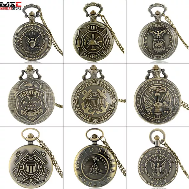 US Army Design Antique Pocket Watch Quartz Pendant Chain Necklace Retro Bronze