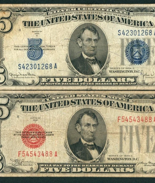 (( TWO NOTES )) $5 1934 / 1928 Silver Certificate/United States Note ** AUCTIONS