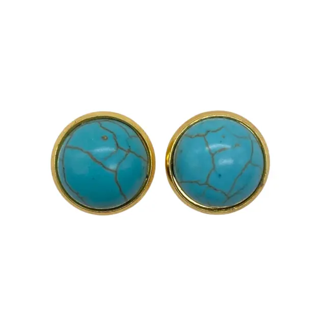 Stud Earrings 14mm Turquoise Dyed Howlite in Yellow Gold Plated Bezels