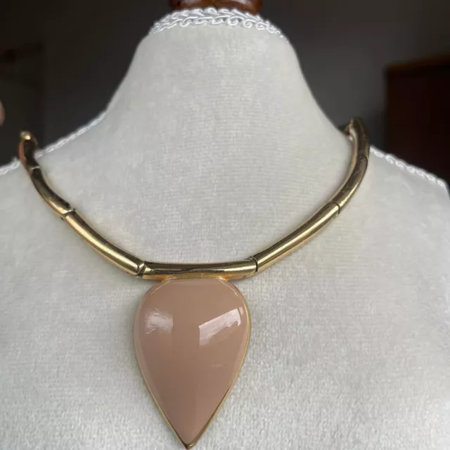 Lanvin Paris Vintage Necklace Pendant Gold Pink Beige L-42cm