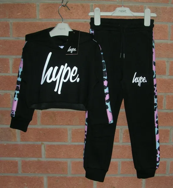 HYPE bnwt Girls Black Joggers Hoodie Top Set Outfit Age 3-4 104cm RRP £39.99 NEW