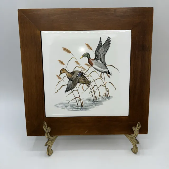 Framed Ceramic Tile Wall Hanging Mallard Ducks Country Decor 8 7/8” Vintage