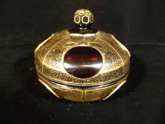 Beautiful Vintage Moser Ruby Cabochon & Gilt Glass Lidded Trinket Box Circa 1940