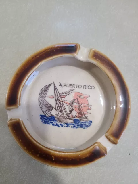 Vintage Ashtray Ports Of Call Puerto Rico Beige Brown Ceramic Round