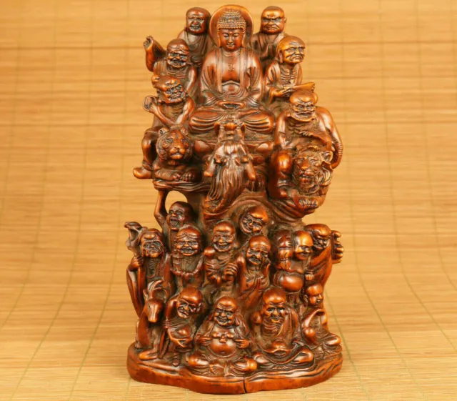 big rare Chinese old boxwood hand carved 18 arhat buddhas statue figure