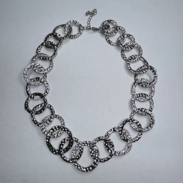 Charming Charlie Hammered Silver Tone Necklace Circles Rings Links 18-21" Signed