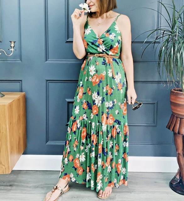 ZARA L GREEN Floral Shirred Long Maxi Tiered Dress 31.00 - PicClick UK