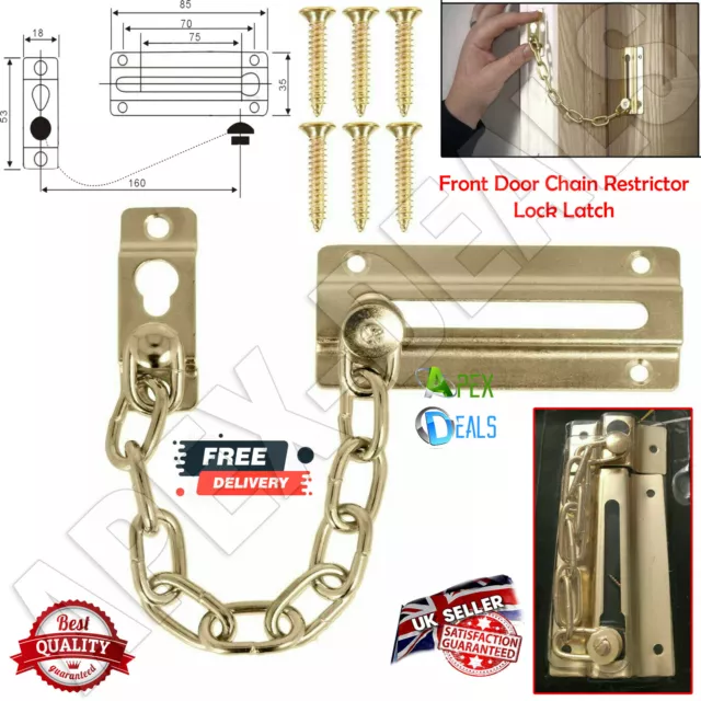 Front Door Restrictor Chain Brass Lock Latch Slide Catch Extra Security Safety..