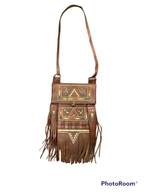vintage boho moroccan fringe leather purse messenger bag 60s 70s handmade Medium