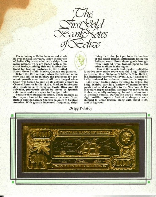 22kt Gold $100 Belize UNC 1981 Banknote- BRIGG WHITBY- RARE -stain on display