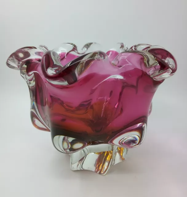 Vintage Josef Hospodka Chribska Czech Bowl Art Glass Cranberry & Amber c.1960s