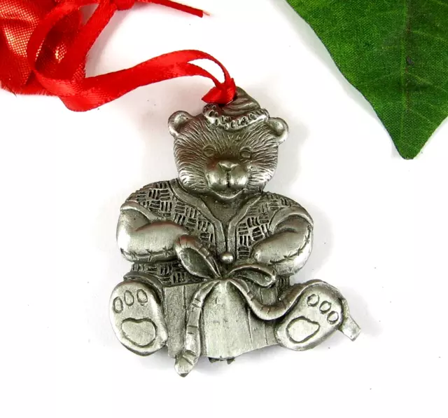 Vintage PEWTER Girl TEDDY BEAR Christmas Ornament Dress Hat with PRESENT 1995