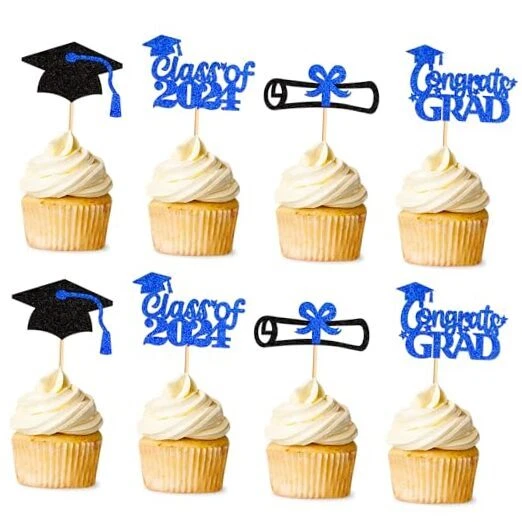 24 PACK 2024 Graduation Cupcake Toppers Blue Glitter Grad Cap Diploma H