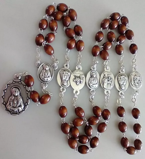 Catholic 7 Seven Sorrows of Mary Rosary Chaplet Silver Tone & Cherry Wood Beads