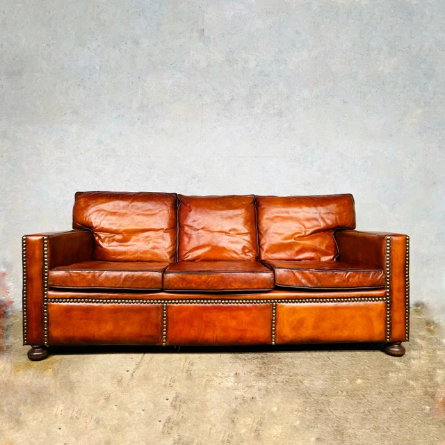 Stunning English Mid C Chestnut Brown Leather Studded Three Seater Sofa #716