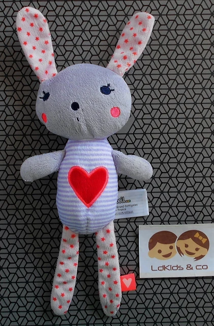 DOUDOU PELUCHE TAPE A L'OEIL TAO LAPIN GRIS ❤️ RAYE MAUVE IMPRIME ⭐ 25 cm D1338