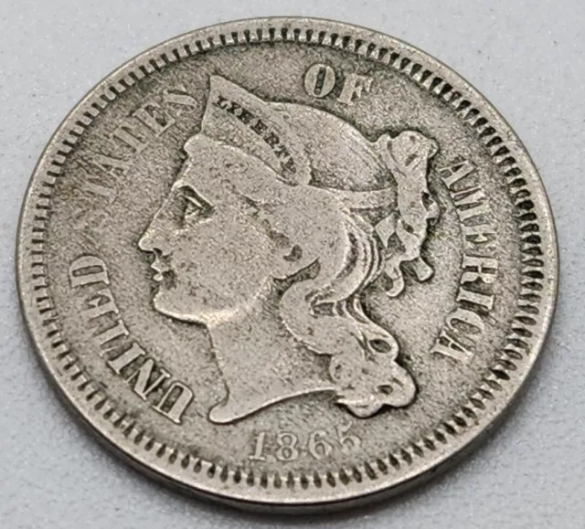 VERY NICE United States 1865 Three Cent Nickel 3C Coin -Civil War Era-FREE SHIP
