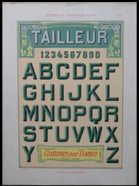 French Art Nouveau Shop Sign - 1905 Lithograph - Typefaces, Bordere, Alphabet