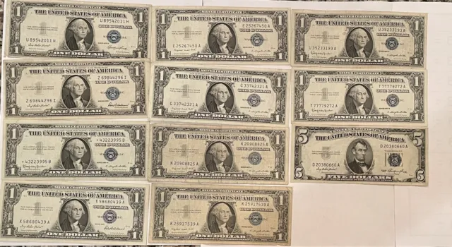$1 $5 Dollar Silver Certificate Blue Seal Lot of 11 | 1935 1957 $1 | 1953 $5