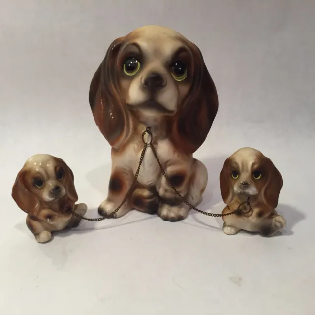Vtg Beagle Spaniel Dog Family Figurines Chained BRINN`S Japan Long Ears Big Eyed