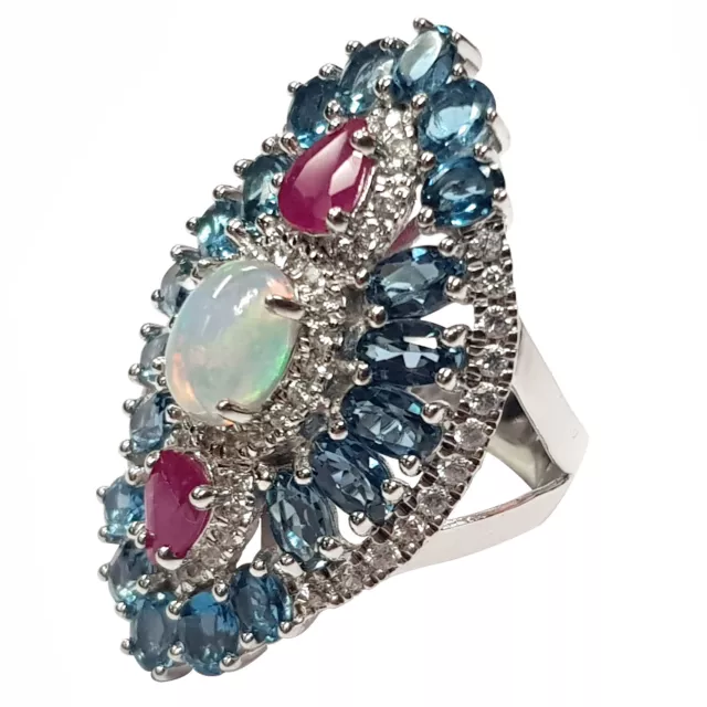 Meher's Jewelry Ethiopian Opal & London Blue Topaz Gemstone Sterling Silver Ring