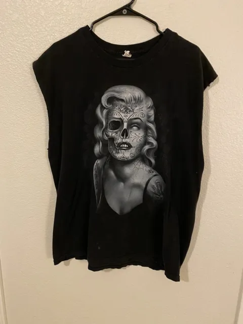 A style Marilyn Monroe Skull Tee Men’s XL Black Distressed Grunge Rip Sleeveless