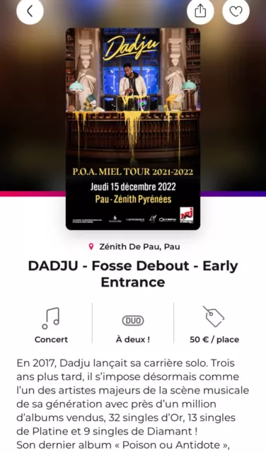 2 Places de concert Dadju - P.O.A Miel tour 2021-2022