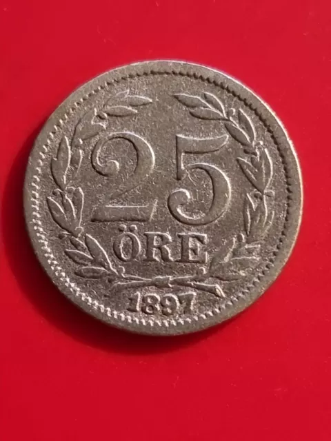 1897 Sweden 25 Ore Silver Coin