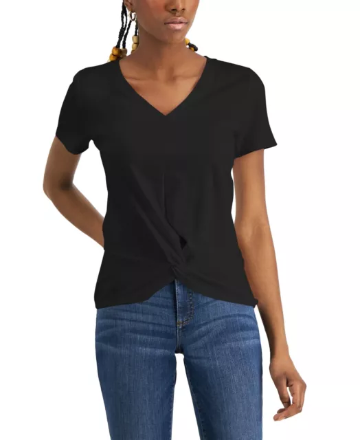 MSRP $35 Inc International Concepts Women Twist-Front T-Shirt Black Size Small