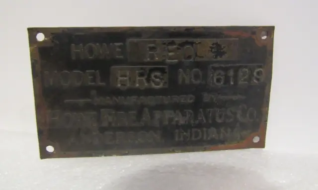 Vintage Howe Fire Apparatus IN REO Model HRS 6129 Metal Spec Plate Sign Original