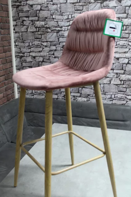 New 4 x Metal Oak & Pink Velvet Fabric Assembled Bar Stools Chairs *Top Brand*