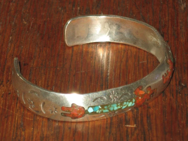 c1975 NAVAJO KACHINA RED CORAL & TURQUOISE INLAY SILVER BRACELET JEWELRY NATIVE