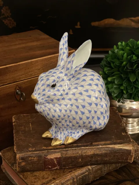 Gorgeous Large Blue Herend Fishnet Seated Ears Up Bunchy Rabbit Bunny Hare 24K
